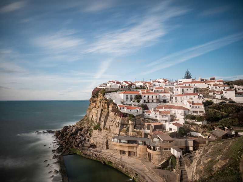 no people, coast, cloud - sky, 4K, village, tourism, day, famous, iberia, cliff, building exterior, residential district, azenhas do mar, architecture