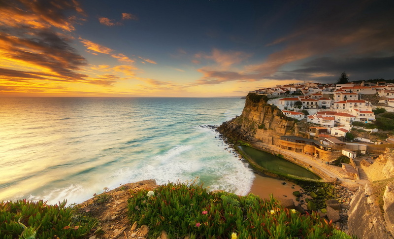 coast, home, Portugal, 1080P, rocks, horizon, the sun, the sky, Sintra, sea, stones, clouds, sunset