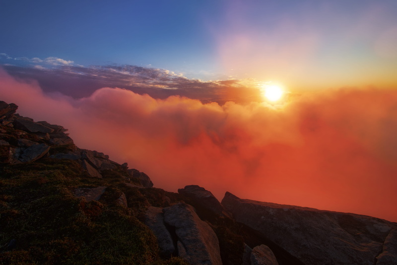 sunset, orange color, non-urban scene, scenic, peaking, tranquil scene, sun, nature, beauty in nature, landscape, fog, geology, physical geography, backlit