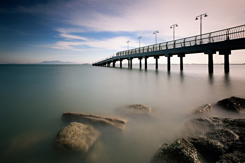 clouds, bridge, the morning calm, pier, 1080P, sky, Malaysia, Sea, morning, calm, stones, beach