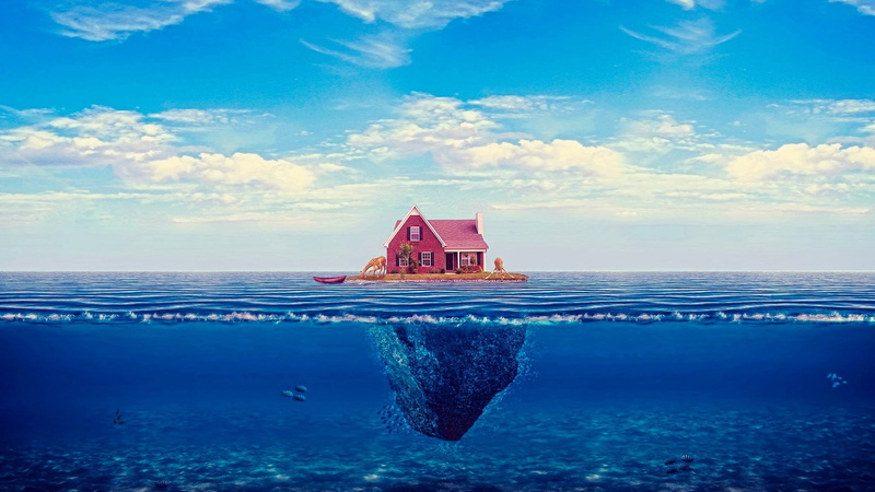 wave, architecture, sea, built structure, sky, no people, outdoors, idyllic, nature, land, building, fantasy landscape, beach, island, house, beauty in nature