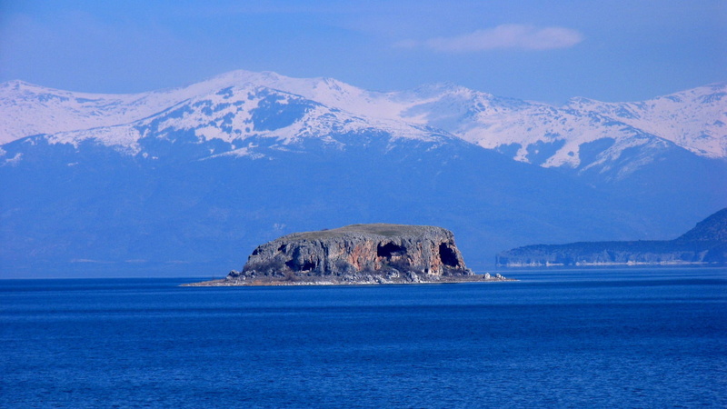 tranquil scene, rock - object, no people, sea, mountain, sky, land, cold temperature, scenics - nature, snowcapped mountain, lake prespa, island, solid