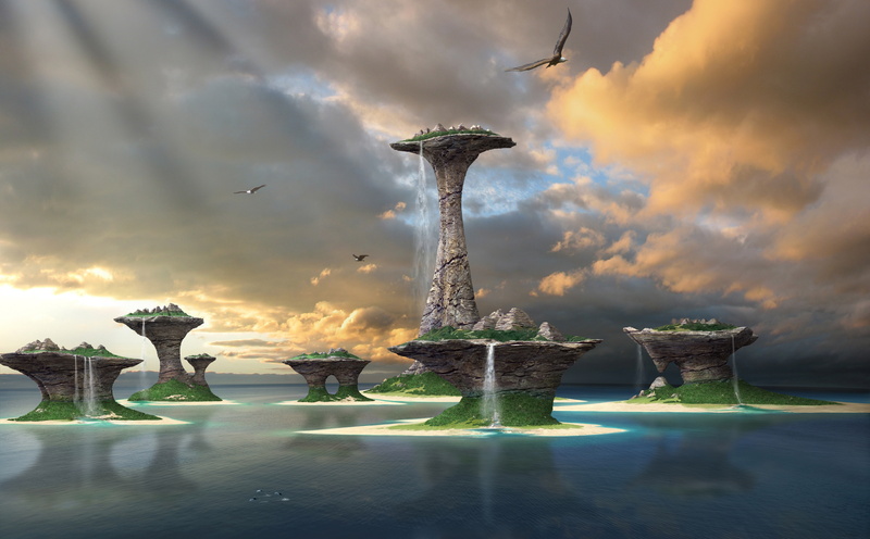 3D, beauty in nature, brown, sunset, reflection, scenics - nature, plant, fountain, representation, 5K, water, splashing, spraying, Islands