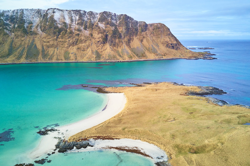 bay, solid, idyllic, photography, rock - object, beauty in nature, drone, beach, day, lofoten, land, white sand, sea, bar, travel destinations, no people