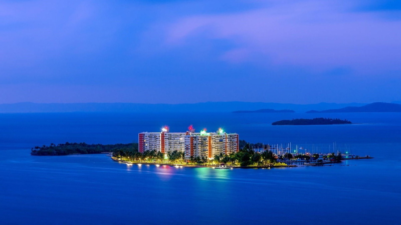 outdoors, bay, skyline, illuminated, fajardo, water, land, skyscraper, isleta marina, nature, architecture, puerto rico, 1080P, building exterior, horizon