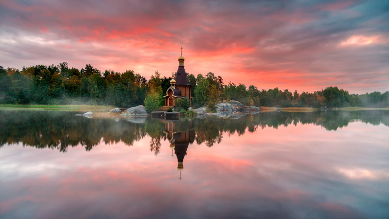 place of worship, beauty in nature, building exterior, built structure, no people, water, tranquility, vuoksa river, lake, islet, dawn, orthodox chapel