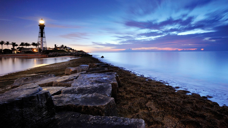 sundown, lighthouse, light, nature and landscapes, 1080P, rocks, glorious, jetty