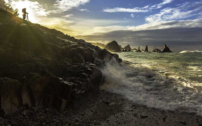 splashing, water, rocks, jetty, ocean, 1920x1200, 1080P, rock, beaches, wave, body, cloud