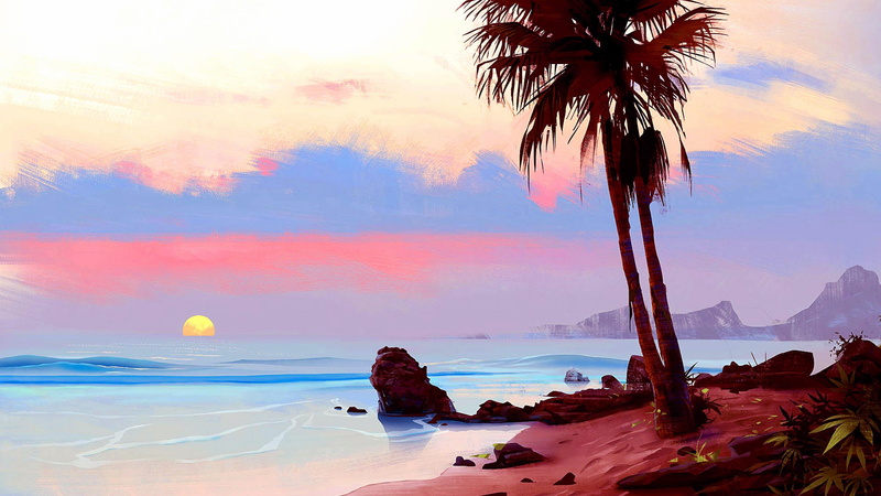 sky, ocean, painting art, tree, calm, shore, beach, 4K, water, tropics, vacation, sea, caribbean, palm tree, sunset