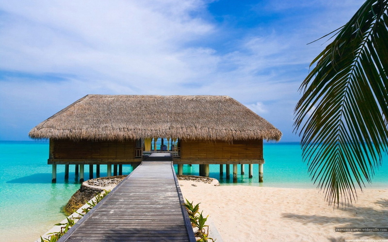 sand, hotel, azure, turquoise Colored, roof, tourist Resort, blue, sea, jetty, exoticism, sunlight, journey, hut, thatched roof, beauty, land, brown, cloud - sky