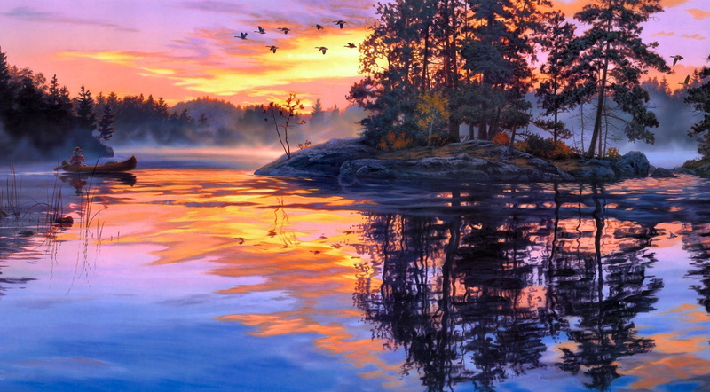 boating, scenics - nature, idyllic, autumn, orange color, Boat, outdoors, sailing, islet, plant, sky, non-urban scene, Purple, cloud - sky, change, Lake