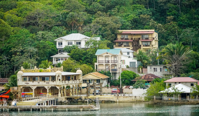 day, honduras, tree, outdoors, building exterior, beach, waterfront, house, landscape, tropical, built structure, tourism, river, water, island, port, marine