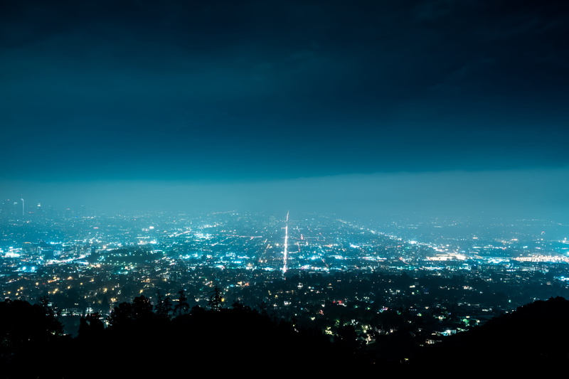 aerial, scenery, tower, cityscape, town, griffith observatory, skyscraper, landscape, cloud - sky, sky, metropolis, 5K, blue, illuminated, lights, city