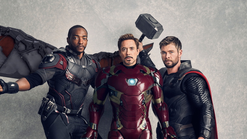 standing, togetherness, black, holding, young adult, men, Robert Downey jr, sport, thor, arm around, iron man, Chadwick Boseman, comics, male friendship