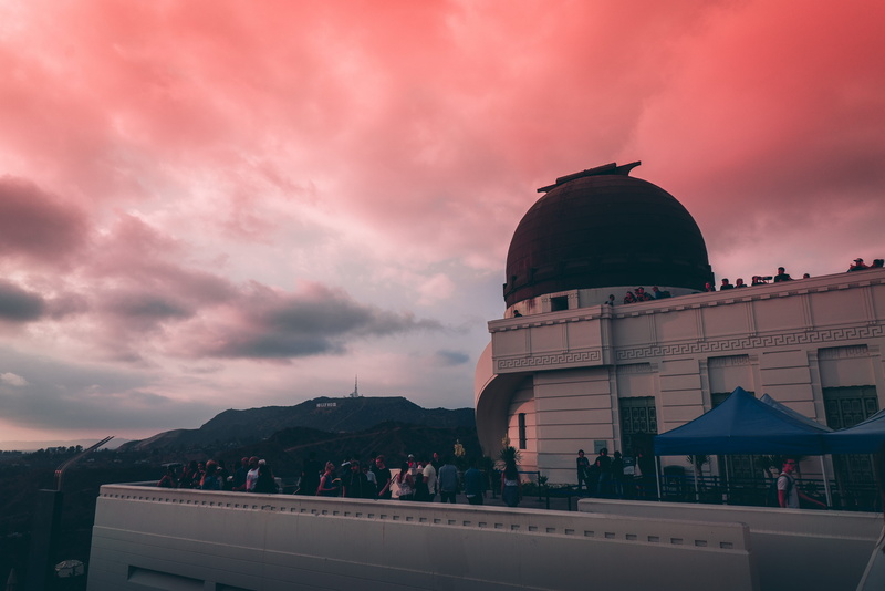 pink color, place of worship, dusk, cloud - sky, travel destinations, building, building exterior, incidental people, 4K, los angeles, built structure