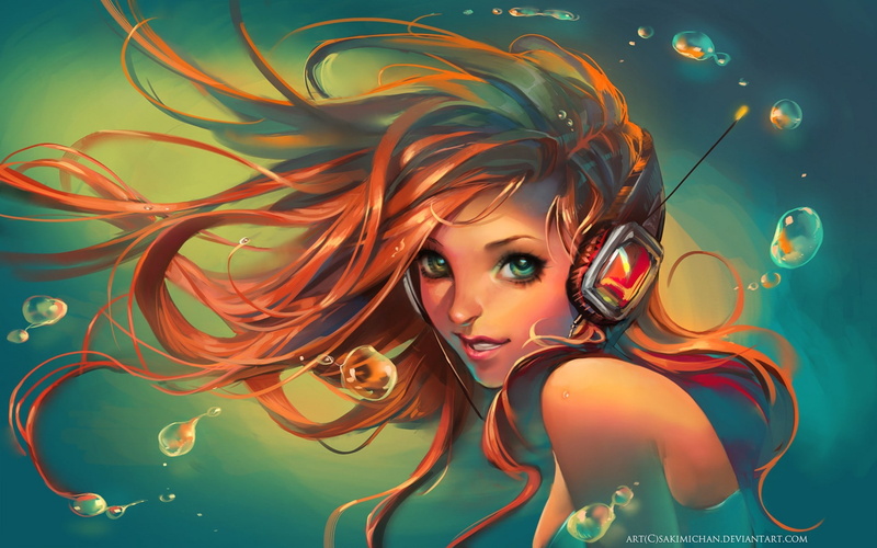headphones, anime, bubbles, Sakimichan, blue background, anime girls, face, artwork, 1080P, long hair, women