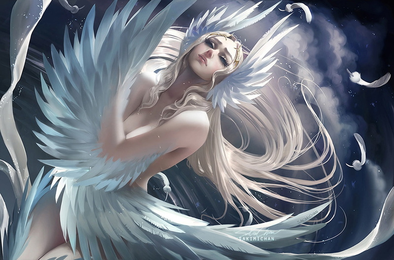 odette, artist, swan, blonde, feather, sakimichan, beauty, characters, 720P, long, mark, hair, lake