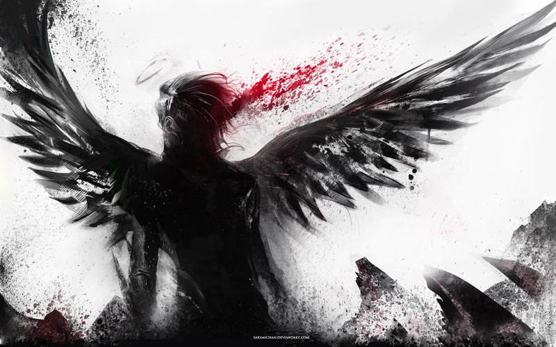 halo, video, angel, x, blood, games, coloring, selective, wings, art, ink, 1080P, hd, sakimichan