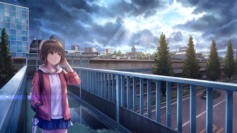 anime girls, umbrella, childhood, brunette, females, one person, tree, standing, anime, 1080P, three quarter length, technology, railing, sky, cloud - sky