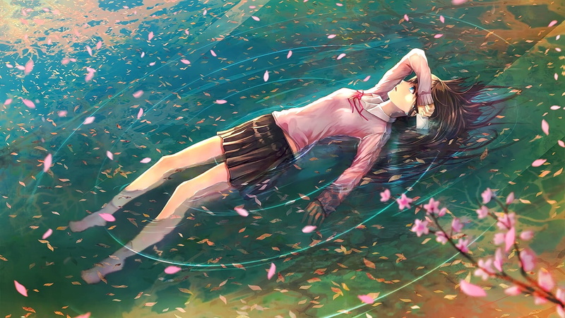 beauty, women, plant, plant part, young adult, anime, outdoors, hairstyle, nature, anime girls, lying down, freedom, water, young women, original characters