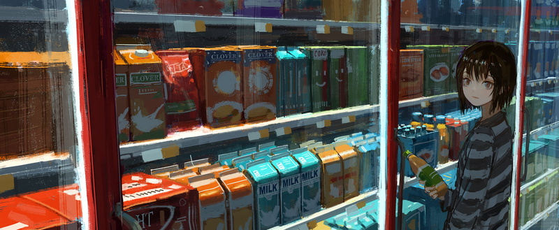 one person, child, food and drink, anime, childhood, window, waist up, container, transparent, retail display, multi colored, 1080P, food, anime girls