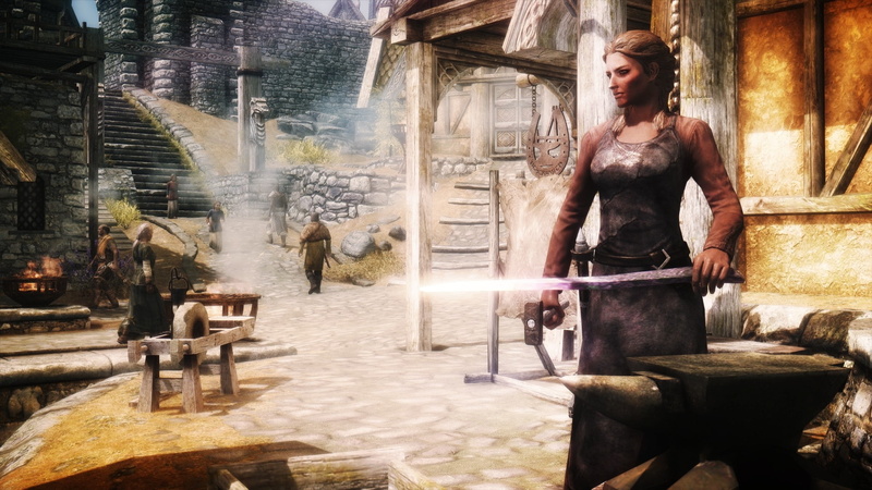 scrolls, Sky Girls, elder, art, v, anvil, girls, sky, 1080P, swords, nature, forge, skyrim, hd, town