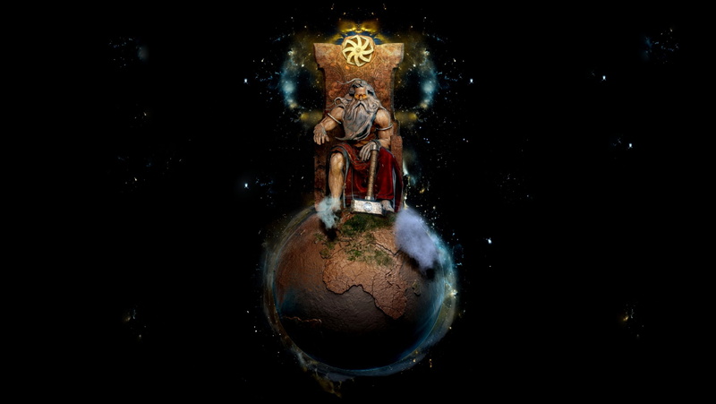 Planet, Black background, Sasha, 2K, Sitting, Slavic God, Statue, Earth, Svarog, The throne, The Globe, Gregerman, The Wheel Of Life, Hammer
