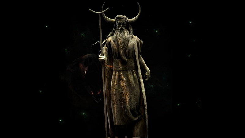Staff, Veles, Sasha, Gregerman, Statue, Slavic God, Cattle God, Horns, Black background, 2K