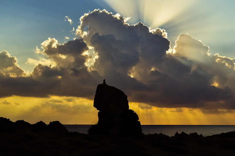 outdoors, paphos, 5K, shadows, silhouette, tombs of the kings, beauty in nature, tranquil scene, clouds, sunbeam, sky, rock - object, silhouettes, scenery