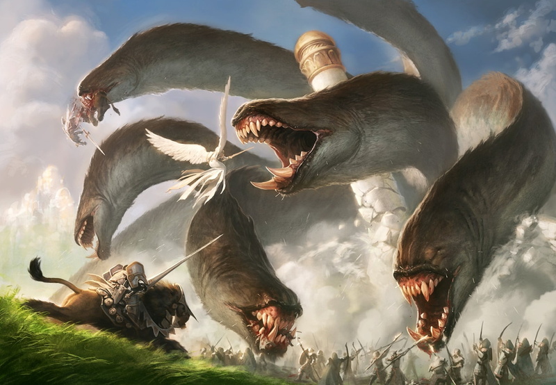 mouth open, grass, animal themes, animal wildlife, bow, sword, bird, tower, horse, Hydra, cloud - sky, angel, art and craft, representation, digital, battle