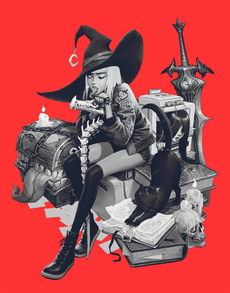 fantasy girl, magic, fantasy art, Jason Chan, 1080P, illustration, cats, witch, skull