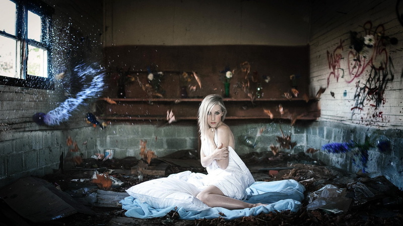 s, top, sleeveless, dirty, lifestyles, adult, day, contemplation, digital art, indoors, women, sitting, young adult, window, white, emotion, abandoned