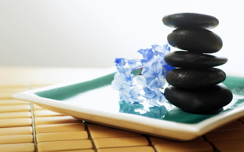 stone, black, set, zen, table, flowers, 1080P, stones, decor, blue flowers, blue