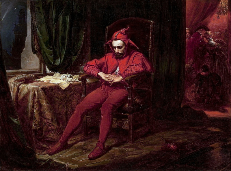 painting, sadness, sitting, artist, artwork, feeling, Jan Matejko, man, melancholy, dress, painter, chair, rattles, red dress, table, interior, room, art