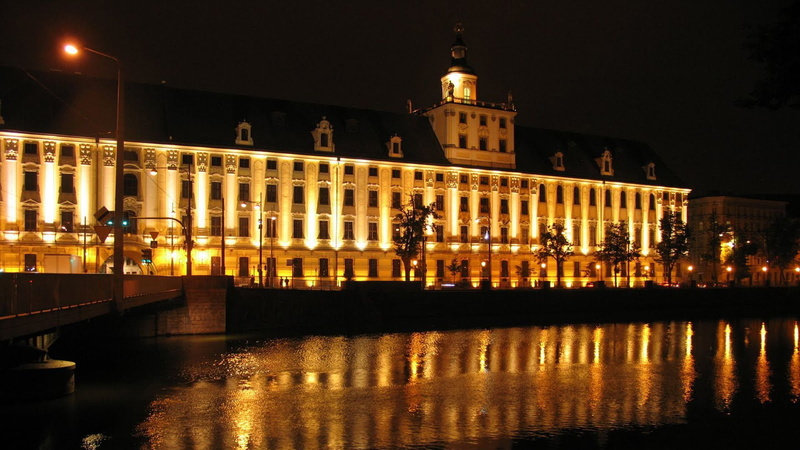 night, 1080P, poland, wroclaw, hd, lights, reflection, university, water