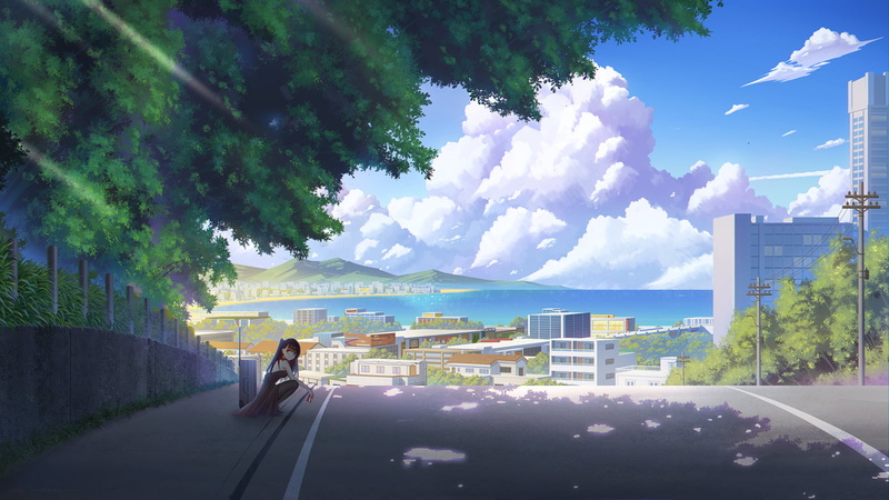 sky, squatting, WA2000 (Girls Frontline), road, dappled sunlight, clouds, trees, Girls Frontline, fence, 720P, suitcase