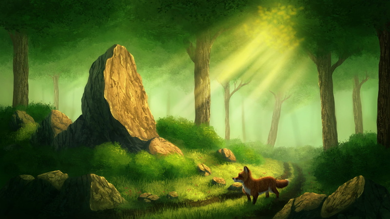 artwork, grass, path, landscape, digital art, animals, fox, dappled sunlight, rock, fairy tale, stones, sun rays, DeviantArt, 1080P, trees, forest
