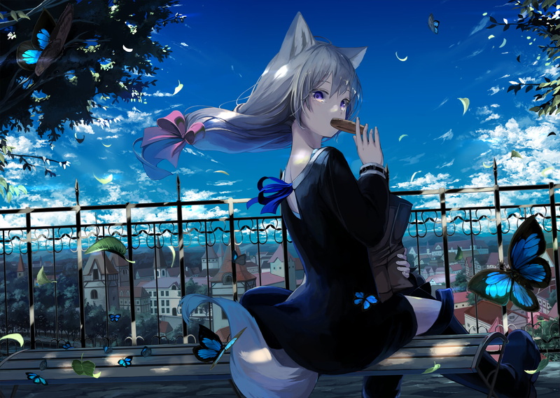eating, butterfly, fence, dappled sunlight, bench, tail, butterflies, sky, hair accessories, trees, wind, wolf ears, town, anime girls, purple eyes, 1080P