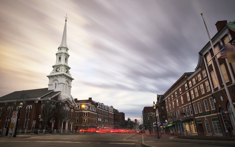 transportation, built structure, travel, New Hampshire, sky, city, place of worship, direction, street, cloud - sky, religion, building, belief, road, church