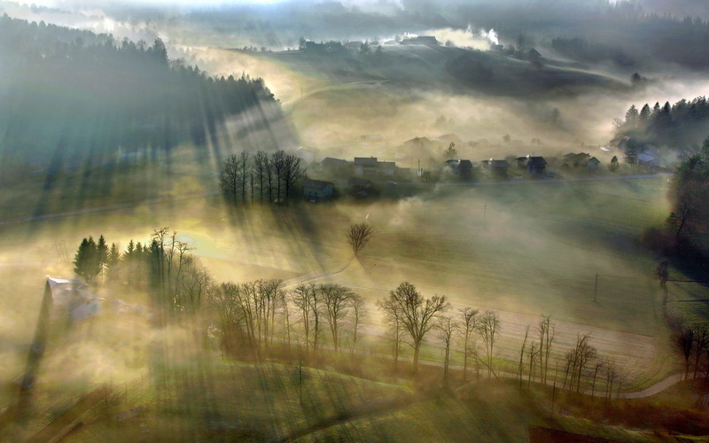 mist, field, nature, sunrise, landscape, road, sun, villages, forest, rays, sun rays, 1080P