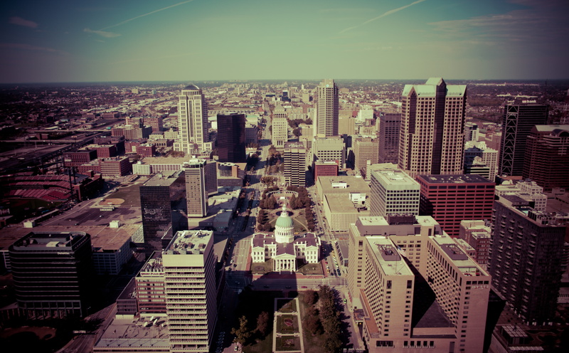high angle view, gray, no people, modern, city, Old Courthouse, seventies, nature, day, financial district, built structure, United States, office building exterior