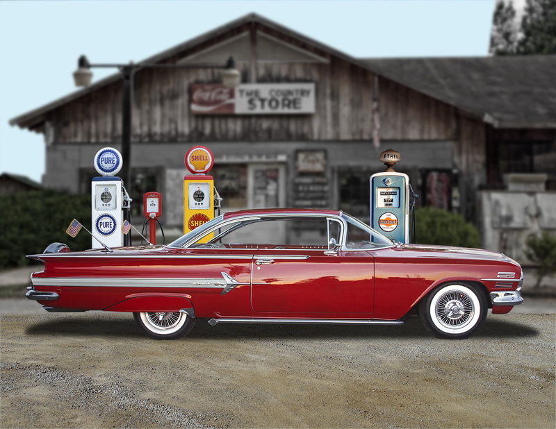 built structure, side view, outdoors, city, land vehicle, racecar, toy, day, transportation, impala, vintage, chevrolet, building exterior, architecture