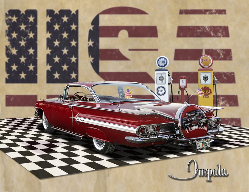 1960, shape, car, usa, communication, sixties, chevrolet, mode of transportation, indoors, vintage, chevy, gas pumps, checked pattern, impala, nostalgia