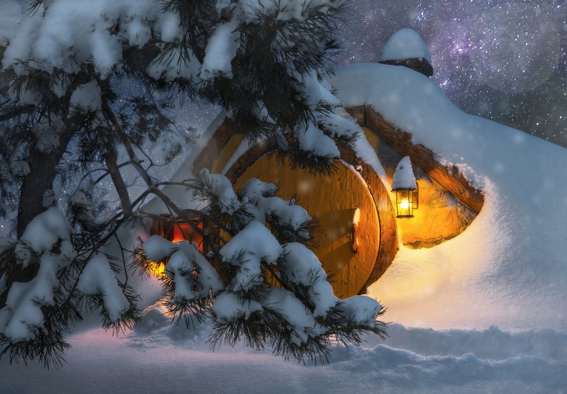 needles, lights, pine, Andrey Chabrov, light, housing, dugout, winter, snow, the sky, tree, branches, path, 1080P, night, nature, The hobbit, stars