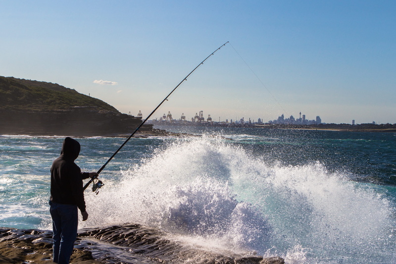 sydney, fishing rod, men, rear view, national park, real people, sport, waves, splashing, water, standing, rocks, photoholgic, leisure activity, one person
