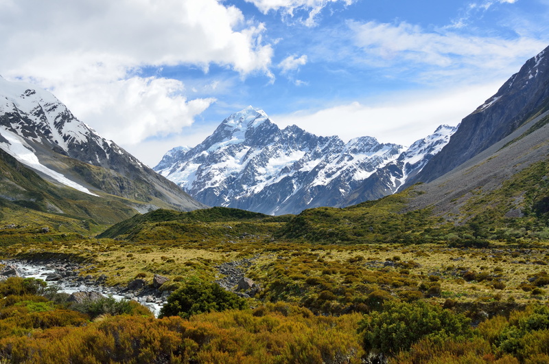 snow, day, white clouds, Aotearoa, Mount Cook National Park, nature, summer, river, Southern Alps, Canterbury, Aoraki  Mount Cook, Hooker Valley Track