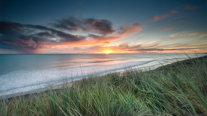 1080P, New, Zealand, grass, mouth, the Waikato river, beach, sunset, the sun