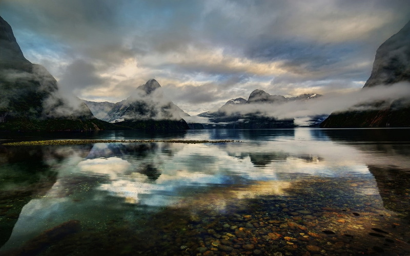 New Zealand, 720P, clouds, fjord, nature, reflection, water, Milford Sound, snowy peak, mountains, mist, landscape, lake