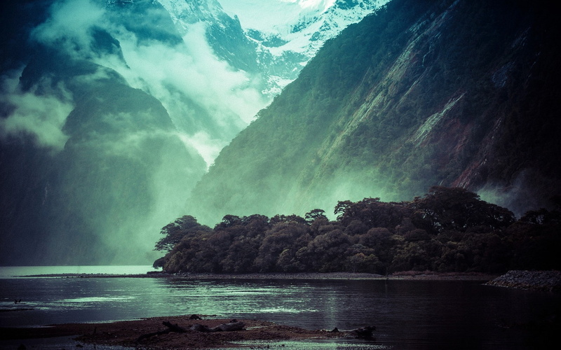 mountains, mist, rain, clouds, fjord, snowy peak, trees, nature, landscape, morning, New Zealand, 1080P, Milford Sound