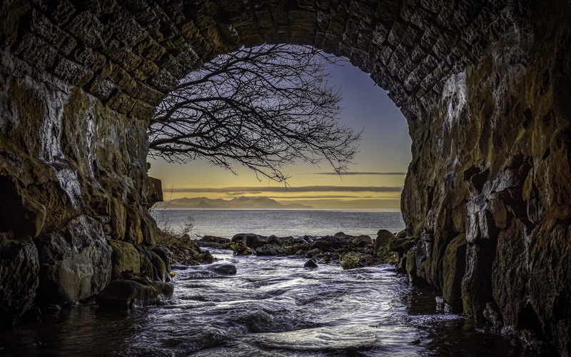 bridge, rock - object, tree, solid, no people, tunnel, outdoors, beach, tranquility, scenics - nature, sunset, rock, tranquil scene, Scotland, 2K, horizon over water